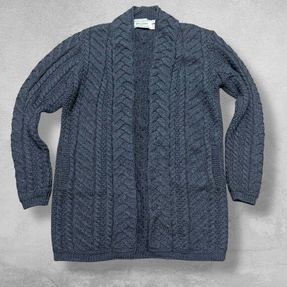 Aran Crafts Ireland Womens Soft Merino Wool Cardigan Sweater L Grey Cable Knit - Picture 1 of 7